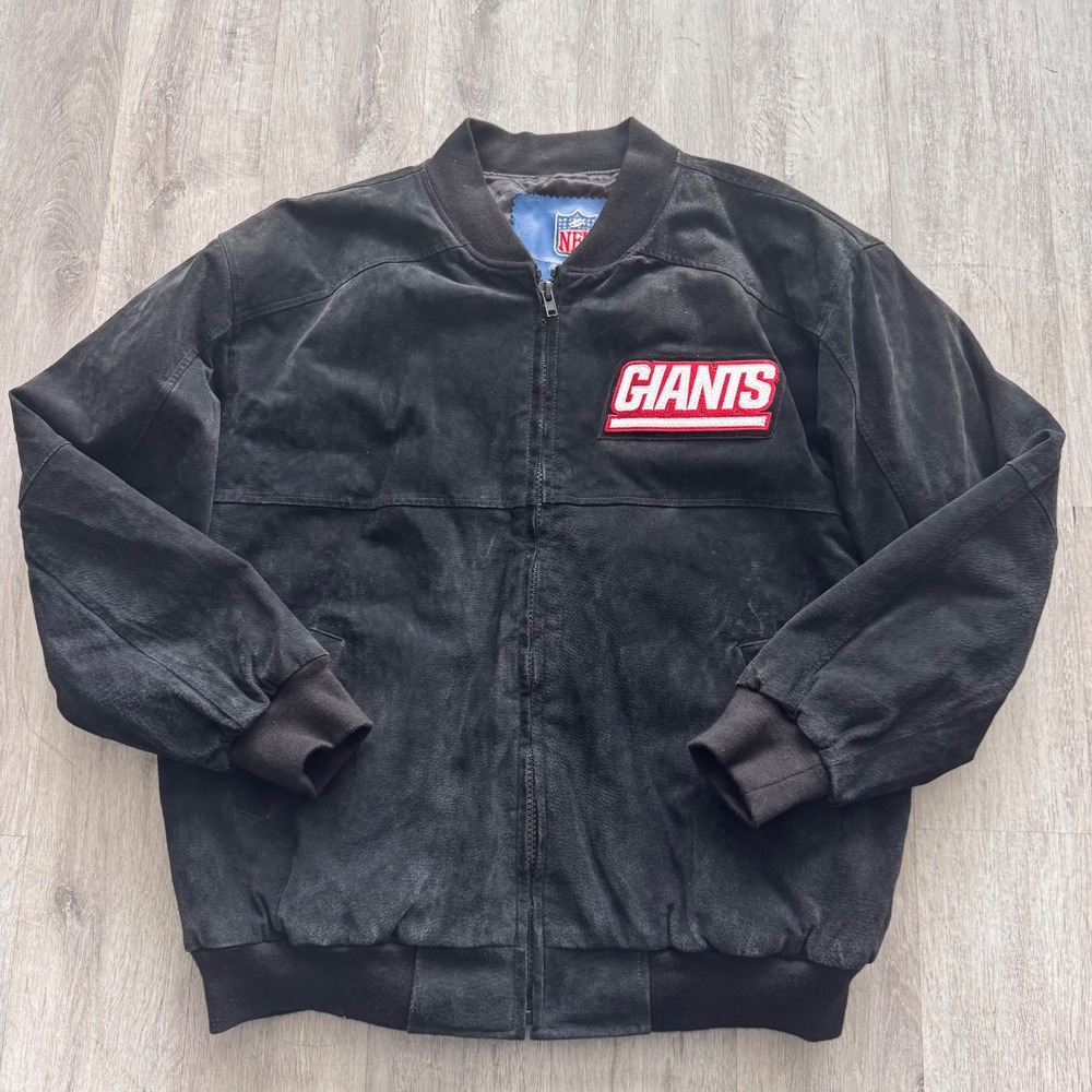 Vintage Reebok NFL New York Giants Suede Bomber Jacket Black XL Embroidered NY